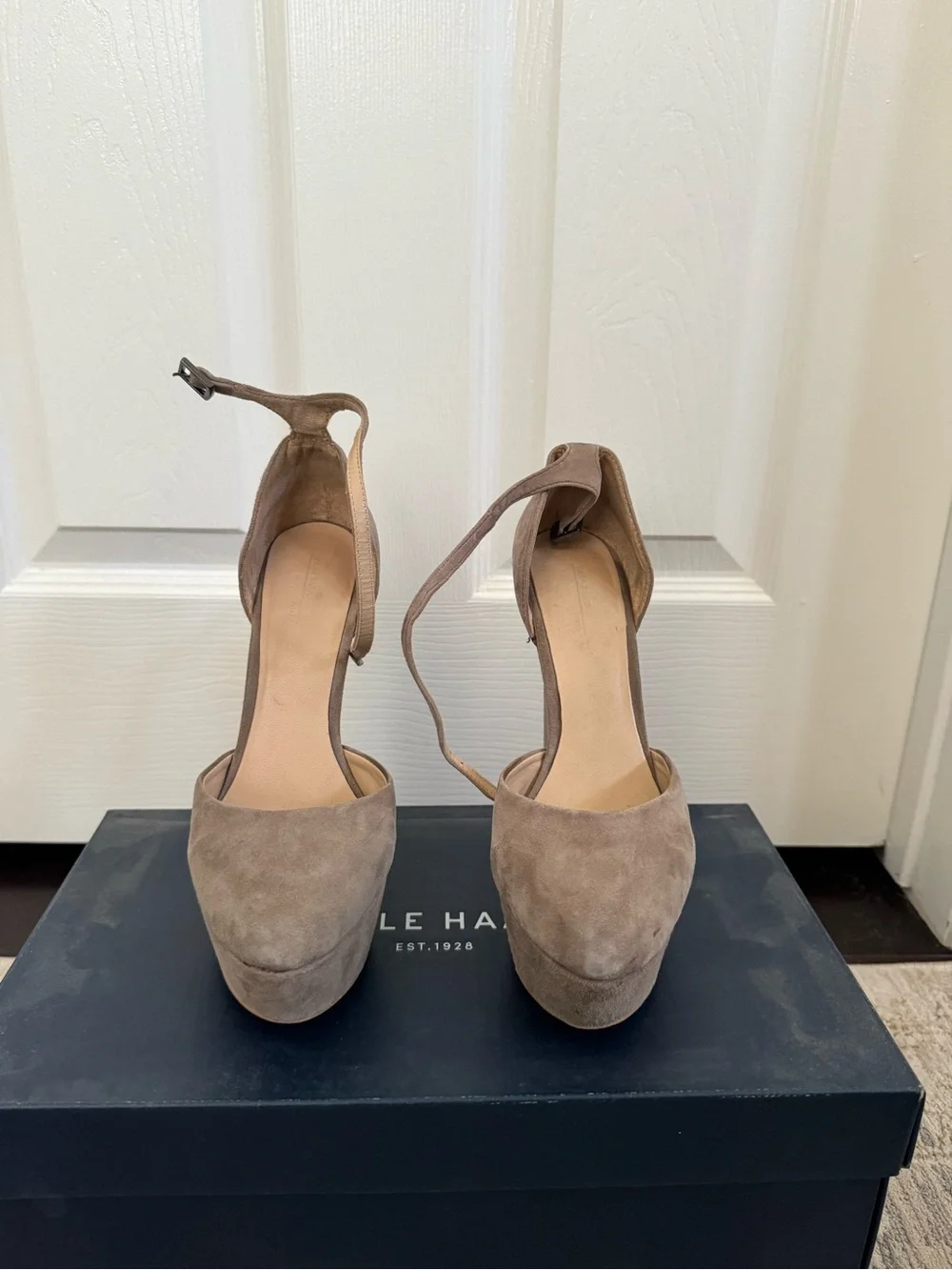 Zara Taupe Suede Platform Ankle-Strap Heels